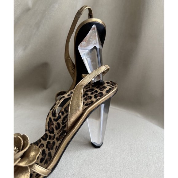 Dolce Gabbana Gold Leather Sandal Size 38.5 Clear Acrylic Heels Cheetah Leopard - Picture 5 of 14